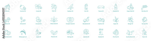 Comprehensive Superfood Oils Vector Icon Set Olive, Coconut, Canola, Palm, Soybean, Corn, Peanut, Flax Seed, Grape Seed, Rice Bran, Walnut, Almond, Avocado, Pumpkin, Macadamia, Hazelnut, Argan, Borage
