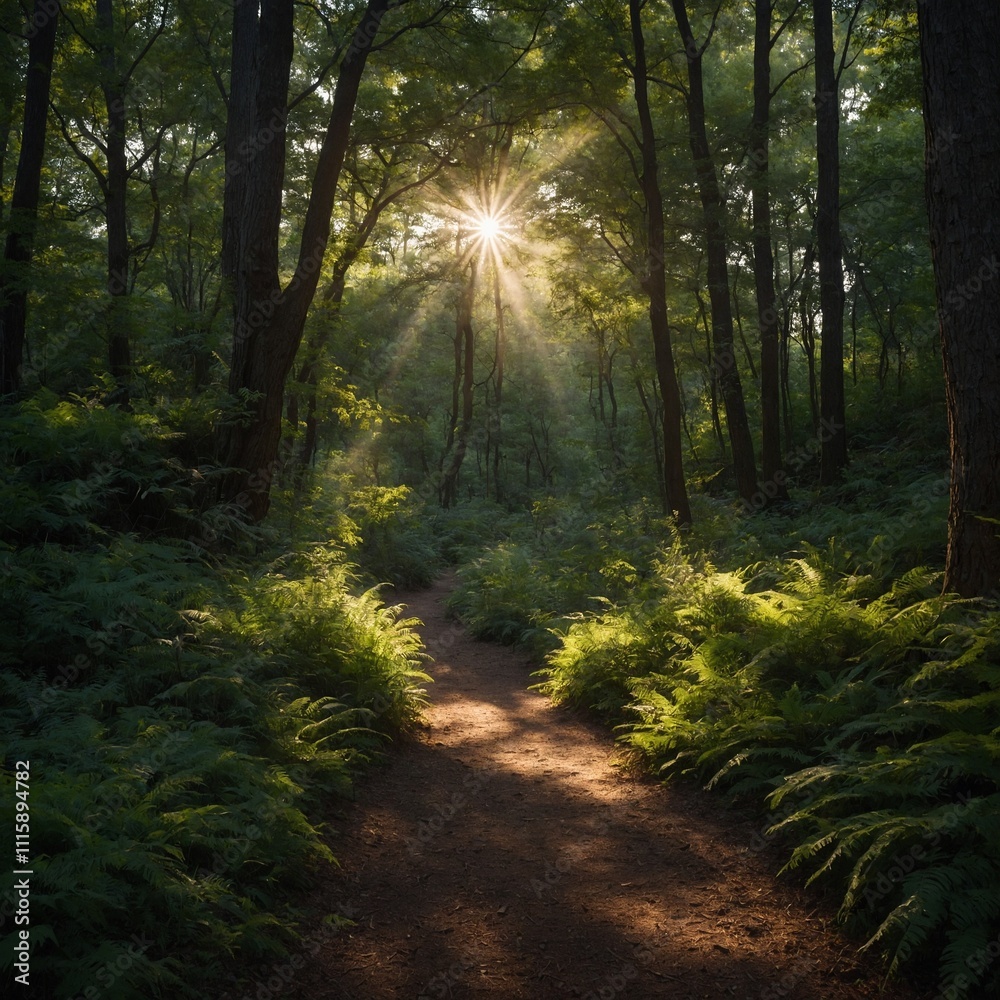 Obraz premium A shaded woodland path with patches of sunlight.