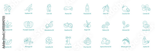 Ultimate Cooking and Health Oils Vector Icon Set Palm, Soybean, Corn, Peanut, Flaxseed, Olive, Coconut, Canola, Hemp, Pumpkin, Macadamia, Almond, Avocado, Pistachio, Moringa, Camellia, Baobab, Pine Nu