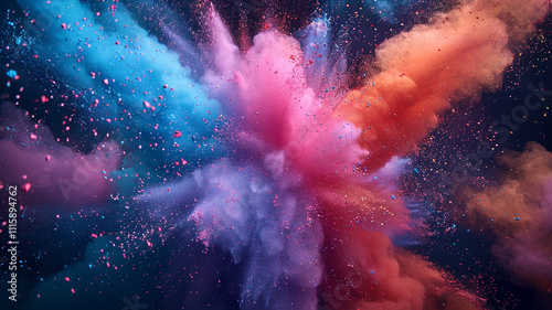 Launched colorful powder on black background, abstract powder explosion
