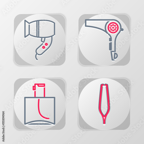 Set line Eyebrow tweezers, Perfume, Hair dryer and icon. Vector