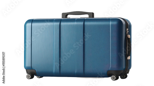 A stylish blue suitcase ready for adventure at the airport with wheels for easy travel photo