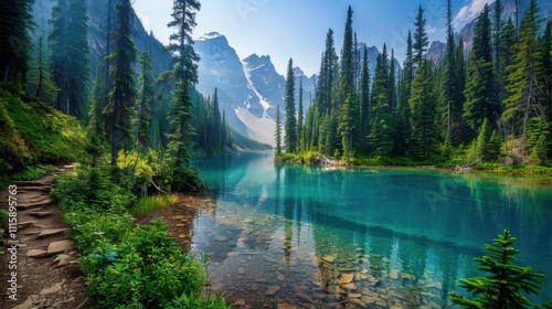 Ultra HD 7k Image of a Serene Lake Surrounded by Towering Mountains Ideal for Nature Enthusiasts and Travel Promoters photo