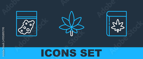 Set line Book and marijuana or cannabis, Plastic bag of and Marijuana leaf icon. Vector