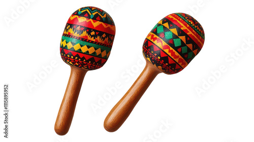 Colorful maracas resting on a wooden surface, showcasing vibrant patterns and textures perfect for festive celebrations