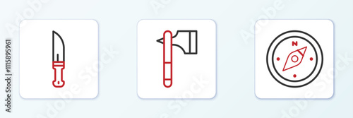 Set line Compass, Hunter knife and Wooden axe icon. Vector