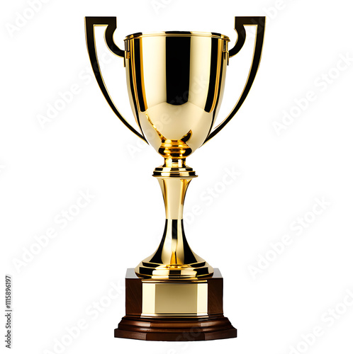 One front view perspective shiny golden metal trophy with brown wooden stand isolated on white background with clipping path ready to use