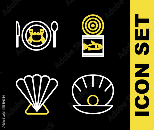 Set line Canned fish, Shell with pearl, Scallop sea shell and Served crab on plate icon. Vector