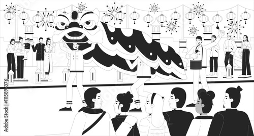 Lunar New Year lion dance black and white line illustration. Asian dancers performing during spring festival 2D characters monochrome background. Ritual on street amid cheers outline vector image