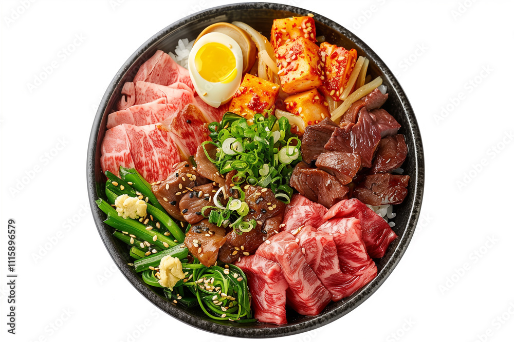 A Korean style hot pot dish with various meats and vegetables, including beef slices, on a white background