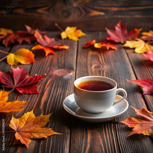 An autumn background featuring a cup of tea and red leaves on a dark surface, viewed from above with copy space