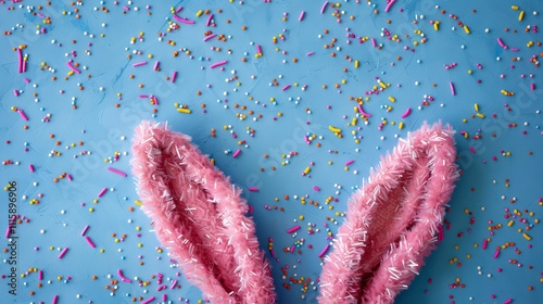 Easter theme  aerial view of colorful eggs and bunny ears on light blue background with space photo