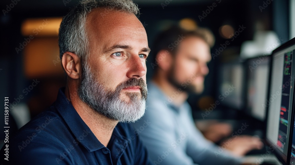 Obraz premium Traders in a busy financial hub focused on screens, capturing market volatility and the high-stakes energy of global trading.
