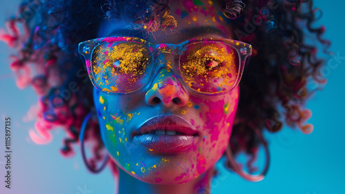 Positive curly haired female in stylish sunglasses and in colorful Holi paints looking away on blue background in studio