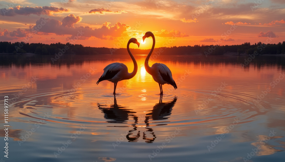 Fototapeta premium Elegant flamingos create a heart-shaped silhouette against a vibrant sunset by the tranquil lake