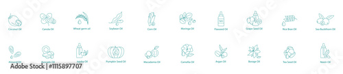 Versatile Plant-Based Oils Vector Icon Set: Coconut, Canola, Wheat Germ, Soybean, Corn, Moringa, Flaxseed, Grape Seed, Rice Bran, Sea Buckthorn, Almond, Avocado, Jojoba, Pumpkin, Macadamia, Camellia  