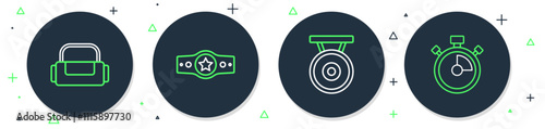 Set line Boxing belt, Gong, Sport bag and Stopwatch icon. Vector