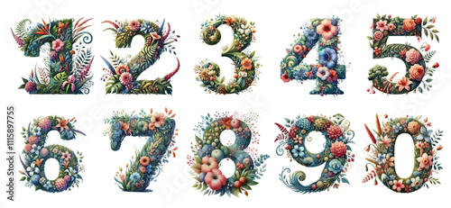 Watercolor Floral numbers. Colorful flower font isolated on white background.