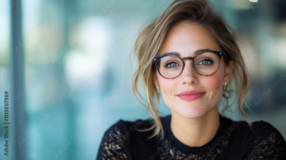 A thoughtful woman with short hair and glasses sits at a modern workspace, reflecting professionalism and focus, exuding calm and intellectual curiosity.