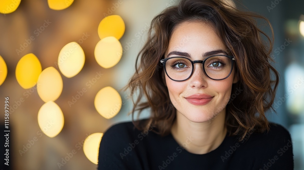 A confident woman in glasses looks calmly into the lens with a bokeh light effect in the background, creating a blend of focus and artistic vision. A confident woman in glasses looks calmly into the lens with a bokeh light effect in the background, creating a blend of focus and artistic vision.