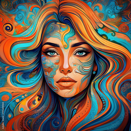 A dramatic digital art piece features a face adorned with mystical designs in vibrant turquoise, orange, and gold colors with flowing decorative elements.
