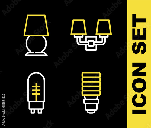 Set line Wall lamp or sconce, LED light bulb, Light emitting diode and Table icon. Vector