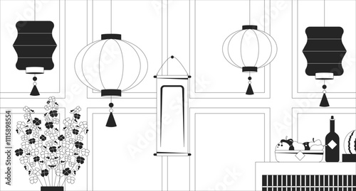 Lunar new year house ornaments black and white line illustration. Cny decorations at home with paper lanterns, floral blossom, treats 2D interior monochrome backdrop. Feng Shui decor outline vector