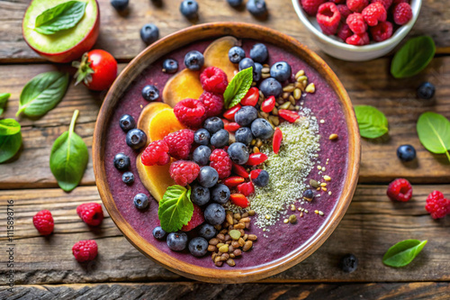 Vibrant Acai Bowl with Fresh Berries and Toppings on Rustic Wooden Table