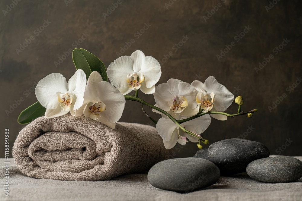 Spa scene with massage stones, towel, and orchid flowers. Spa scene with massage stones, towel, and orchid flowers.
