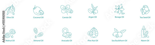 Premium Plant-Based Oils Vector Icon Set: Olive, Coconut, Canola, Argan, Borage, Tea Seed, Walnut, Almond, Avocado, Pine Nut, Sea Buckthorn, Neem