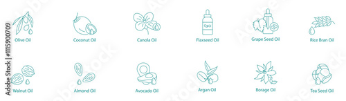 Complete Cooking and Health Oils Vector Icon Set: Olive, Coconut, Canola, Flaxseed, Grape Seed, Rice Bran, Walnut, Almond, Avocado, Argan, Borage, Tea Seed