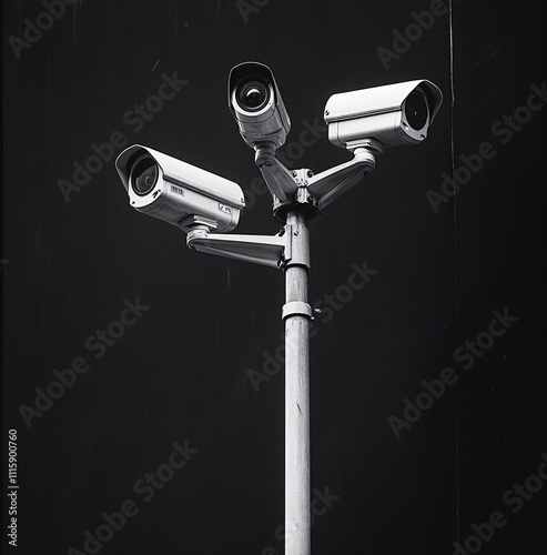 Surveillance cameras mounted on a pole monitor urban area in black and white photo