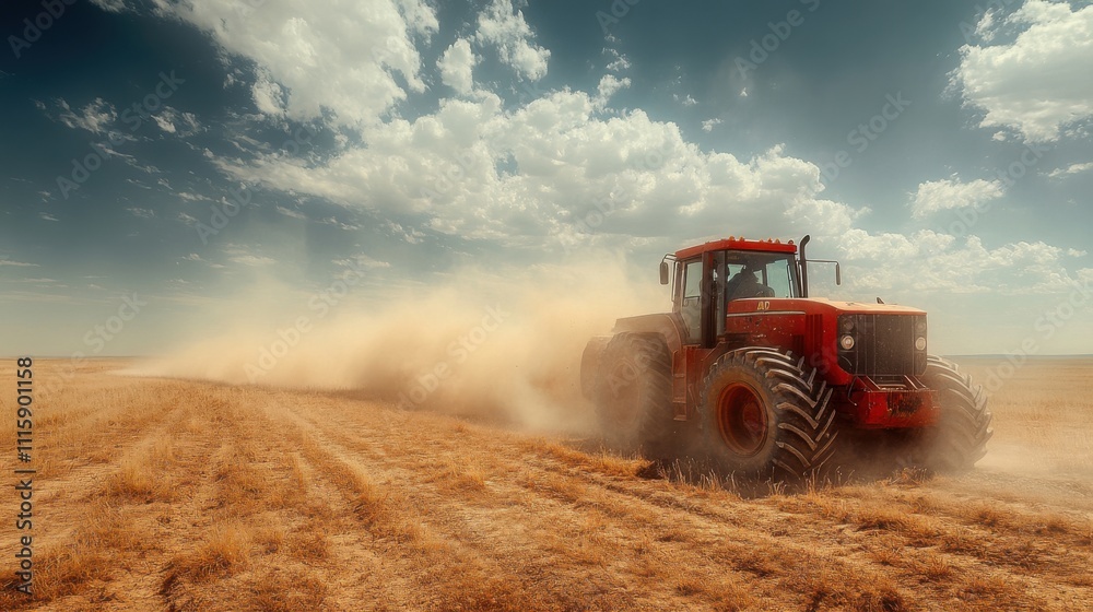 Fototapeta premium Bright Daylight Road through Open Field with Tractor