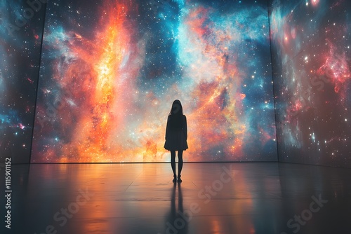 A woman stands in front of an immersive space, surrounded by vibrant galaxies and nebulae, evoking the vastness of the cosmos photo