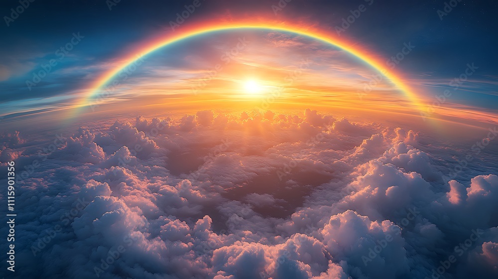 Dramatic clouds and sunrise colors enhance beauty of vibrant rainbow picture Dramatic clouds and sunrise colors enhance beauty of vibrant rainbow picture