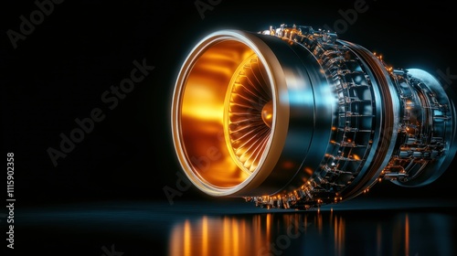 Illuminated intricate details of a jet engine, showcasing a blend of engineering excellence and artistic perspective in striking metallic hues. photo