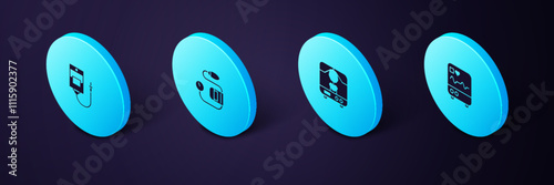 Set Isometric Monitor with cardiogram, X-ray machine, Blood pressure and IV bag icon. Vector