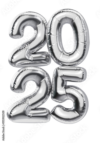 2025 numbers. New Year symbol. Bunch of foil balloons. 2025 sign. 3d render illustration.