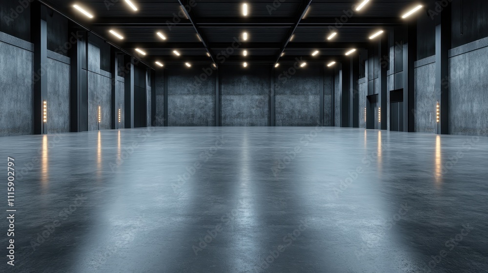 A modern warehouse's interior is shown with a sleek linear lighting pattern, complete with high ceilings and a reflective floor, creating a professional ambiance. A modern warehouse's interior is shown with a sleek linear lighting pattern, complete with high ceilings and a reflective floor, creating a professional ambiance.