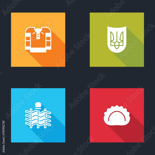 Set Embroidered shirt, Ukrainian trident, Wicker fence and Dumplings icon. Vector