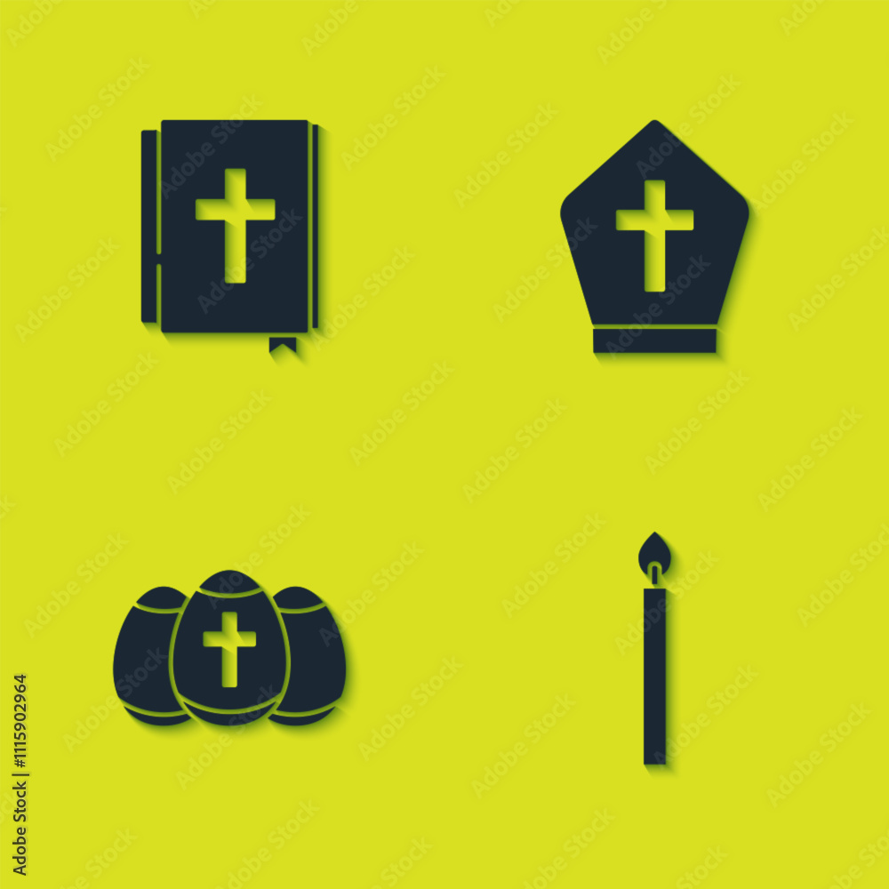 Set Holy bible book, Burning candle, Easter egg and Pope hat icon. Vector Set Holy bible book, Burning candle, Easter egg and Pope hat icon. Vector