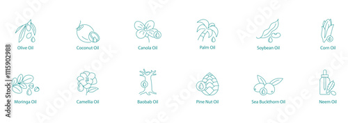 Exotic and Essential Oils Mega Vector Icon Set: Olive, Coconut, Canola, Palm, Soybean, Corn, Moringa, Camellia, Baobab, Pine Nut, Sea Buckthorn, Neem