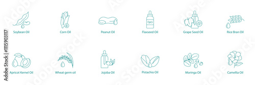 Comprehensive Natural Oils Vector Icon Set: Soybean, Corn, Peanut, Flaxseed, Grape Seed, Rice Bran, Apricot Kernel, Wheat Germ, Jojoba, Pistachio, Moringa, Camellia