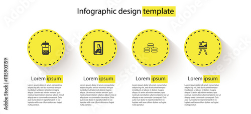 Set French press, Portrait in museum, Macaron cookie and Easel painting art boards. Business infographic template. Vector