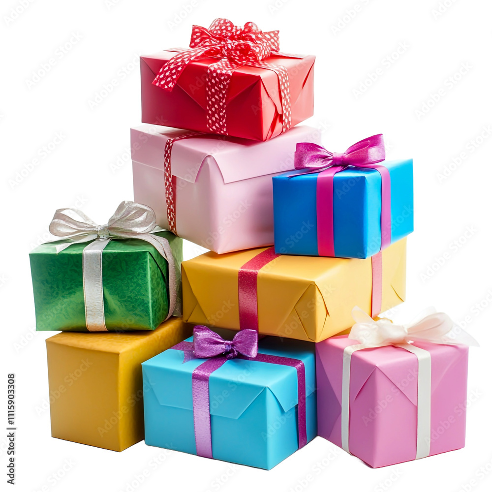 Fototapeta premium A stack of colorful wrapped gift boxes with bows isolated on transparent background. 