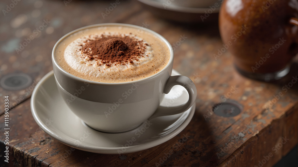 Obraz premium Cappuccino with cocoa powder served in a ceramic cup on wooden surface