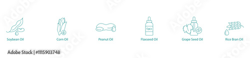 Essential Cooking Oils Vector Icon Set: Soybean, Corn, Peanut, Flaxseed, Grape Seed, Rice Bran