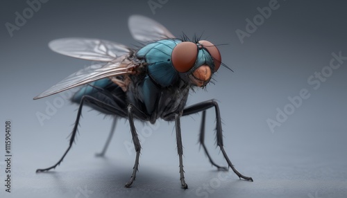 Close-up of a blue bottle fly with vibrant red eyes, detailed texture and hairs visible on its body and legs, against a neutral background. photo