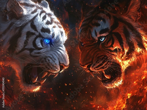 Majestic tigers in a fiery battle representing strength, power, and duality against a dark cosmic backdrop photo