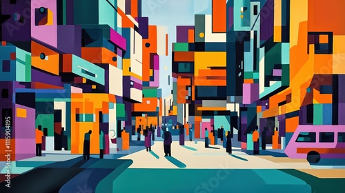 Colorful futuristic city street scene with people.